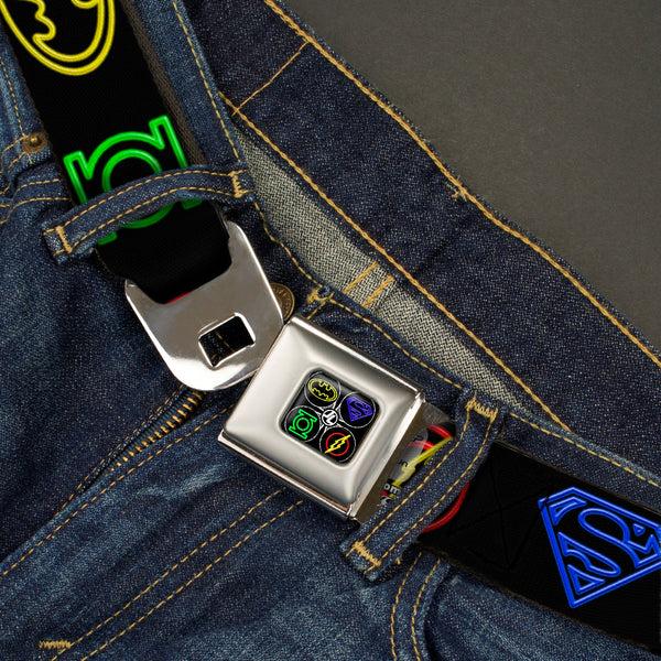 Buckle-Down JL-Batman Superman Green Lantern Flash Electric Logos Full Color Black White Multi Neon Seatbelt Belt - Justice League Electric Logos Black/Multi Neon Webbing