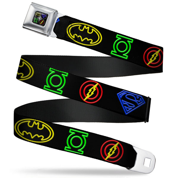 Buckle-Down JL-Batman Superman Green Lantern Flash Electric Logos Full Color Black White Multi Neon Seatbelt Belt - Justice League Electric Logos Black/Multi Neon Webbing