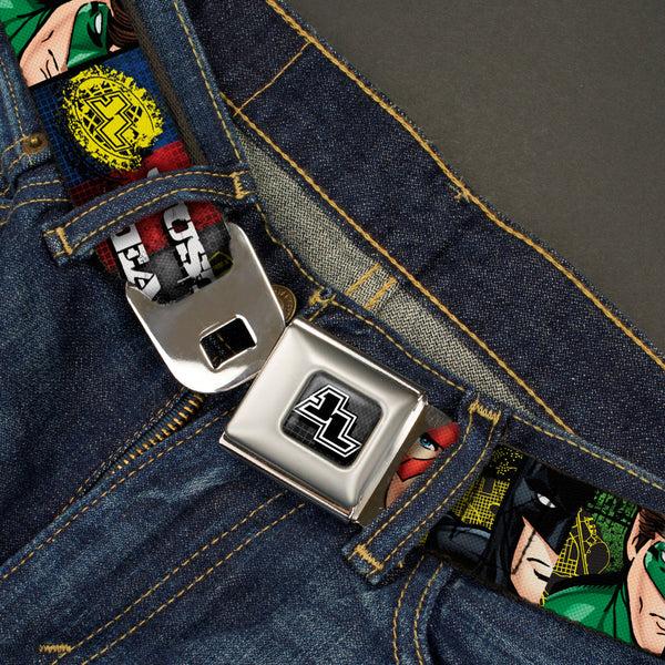 Buckle-Down JL Logo Full Color Grays Black White Seatbelt Belt - JUSTICE LEAGUE Logo/4-Superhero Panels Pop Art Webbing