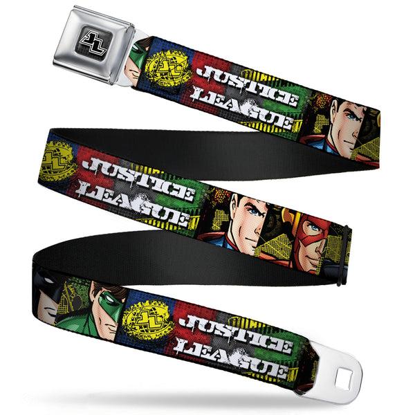 Buckle-Down JL Logo Full Color Grays Black White Seatbelt Belt - JUSTICE LEAGUE Logo/4-Superhero Panels Pop Art Webbing