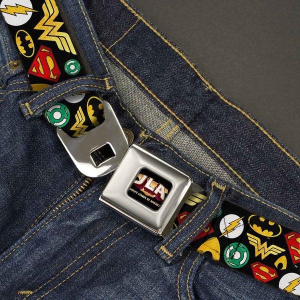 Buckle-Down JLA-JUSTICE LEAGUE OF AMERICA Logo Full Color Black Gold Red Seatbelt Belt - Justice League 6-Superhero Logos Collage Black Webbing