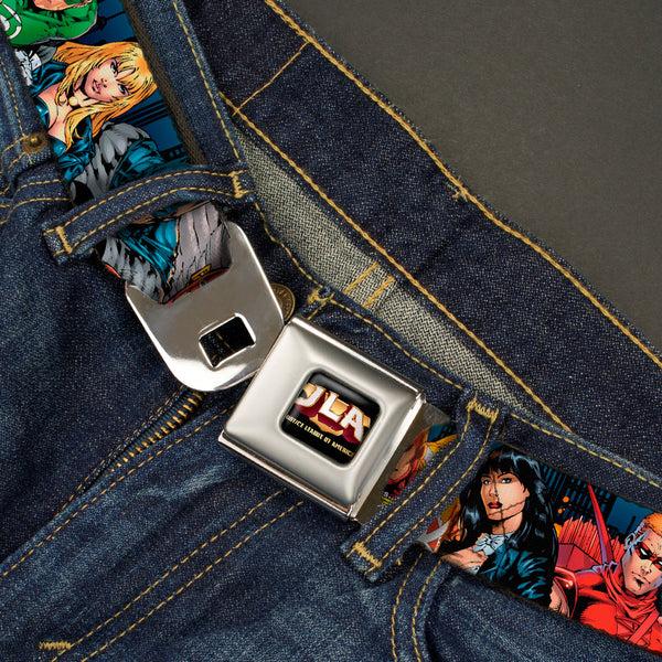 Buckle-Down JLA-JUSTICE LEAGUE OF AMERICA Logo Full Color Black Gold Red Seatbelt Belt - Justice League New 52 14-Superheroes Group Pose Webbing