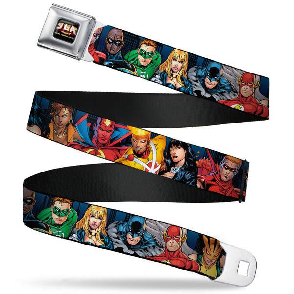 Buckle-Down JLA-JUSTICE LEAGUE OF AMERICA Logo Full Color Black Gold Red Seatbelt Belt - Justice League New 52 14-Superheroes Group Pose Webbing
