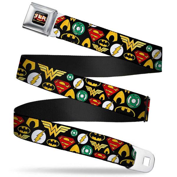 Buckle-Down JLA-JUSTICE LEAGUE OF AMERICA Logo Full Color Black Gold Red Seatbelt Belt - Justice League 6-Superhero Logos Collage Black Webbing