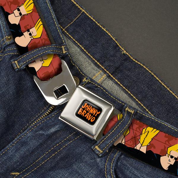 Buckle-Down JOHNNY BRAVO Title Logo Full Color Black/Red Seatbelt Belt - Johnny Bravo Pose Turns Browns Webbing