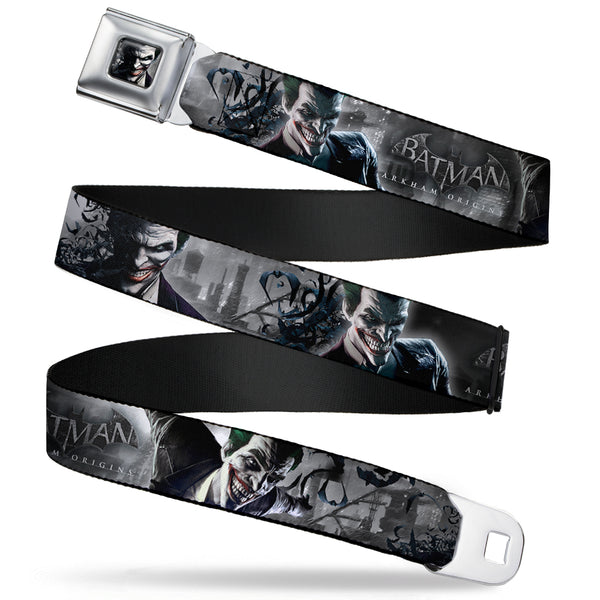 Buckle-Down Joker Face Bats CLOSE-UP Full Color Grays Seatbelt Belt - BATMAN ARKHAM ORIGINS Joker Expressions/Bats Grays Webbing