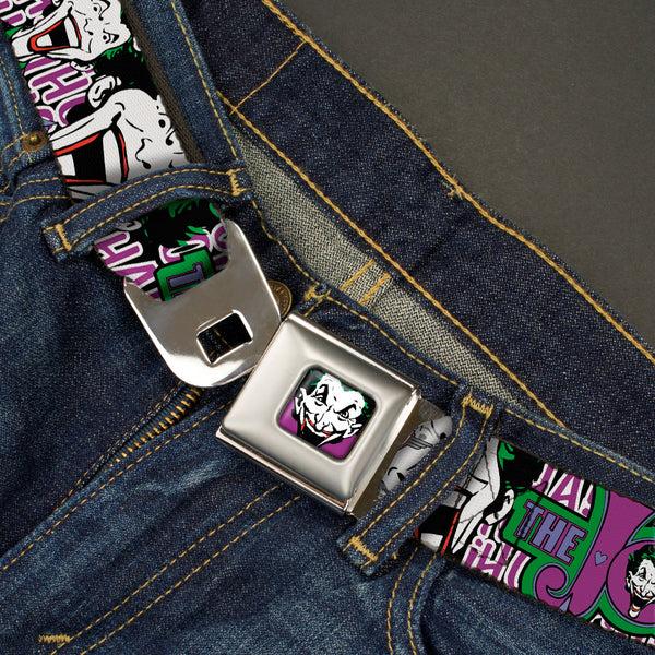 Buckle-Down Joker Face Full Color Seatbelt Belt - Joker Face/Logo/Spades Black/White/Purple Webbing