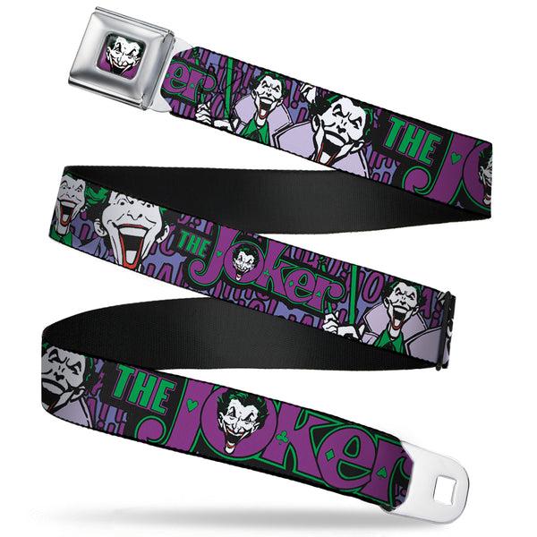 Buckle-Down Joker Face Full Color Seatbelt Belt - Joker Face/Logo/Spades Black/Green/Purple Webbing