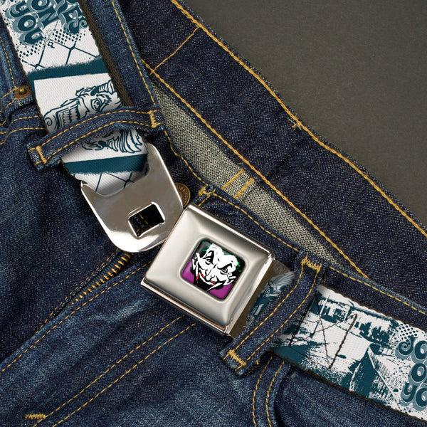 Buckle-Down Joker Face Full Color Seatbelt Belt - Joker Spray Painted/Street Pose JOKES ON YOU White/Grays Webbing