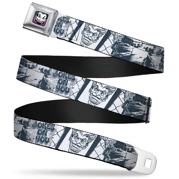 Buckle-Down Joker Face Full Color Seatbelt Belt - Joker Spray Painted/Street Pose JOKES ON YOU White/Grays Webbing