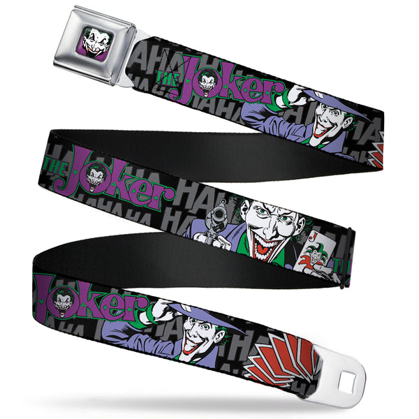 Buckle-Down Joker Face Full Color Seatbelt Belt - The Joker Pose/Cards/HAHAHAHA Black/Gray Webbing
