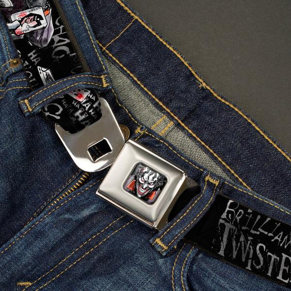 Buckle-Down Joker Face Stare Full Color Seatbelt Belt - Joker BRILLIANTLY TWISTED PSYCHO 2-Poses/Cards Black/Grays Webbing