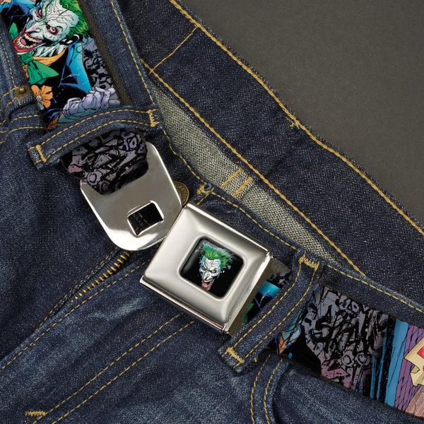 Buckle-Down Joker Laughing Face CLOSE-UP Black Seatbelt Belt - Joker BANG Gun Alley Pose CLOSE-UP Webbing