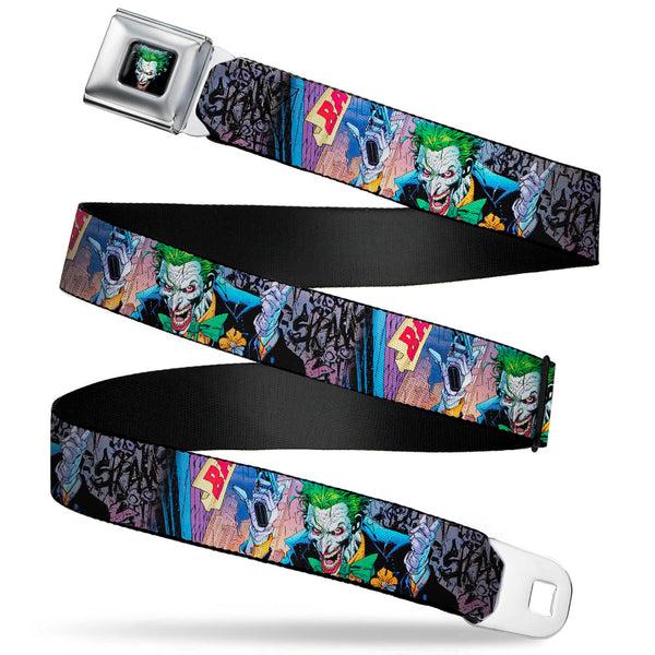 Buckle-Down Joker Laughing Face CLOSE-UP Black Seatbelt Belt - Joker BANG Gun Alley Pose CLOSE-UP Webbing