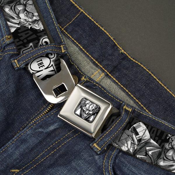 Buckle-Down Joker Smiling Full Color Black/Grays/White Seatbelt Belt - THE JOKER Smiling/Wine Glass Poses HA HA Black/Grays/White Webbing