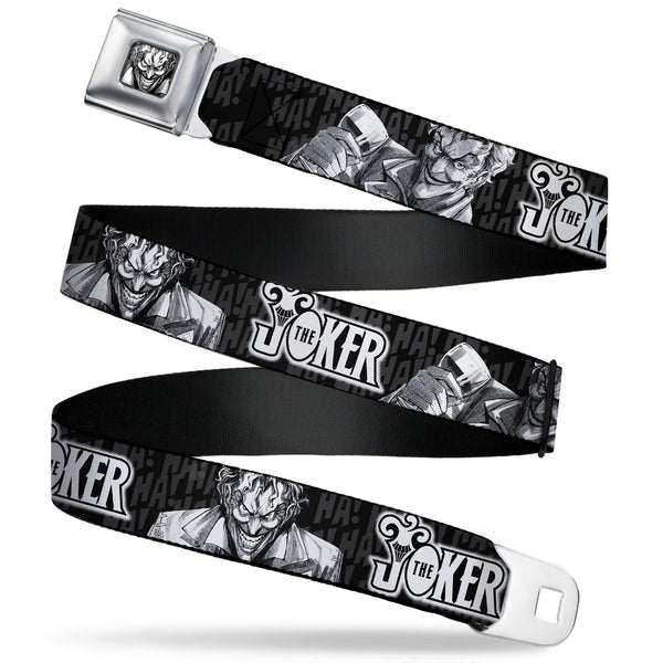 Buckle-Down Joker Smiling Full Color Black/Grays/White Seatbelt Belt - THE JOKER Smiling/Wine Glass Poses HA HA Black/Grays/White Webbing