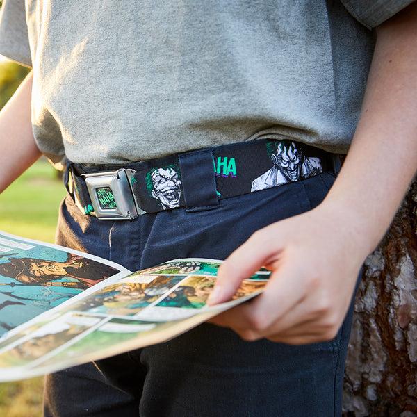 Buckle-Down Joker Stare Full Color Black White Grays Green Seatbelt Belt - The Joker 4-Laughing Expressions/Suits/HAHAHA Black/Gray/Greens Webbing