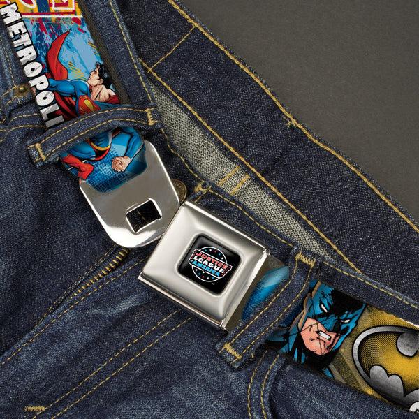 Buckle-Down JUSTICE LEAGUE OF AMERICA Badge Black/White/Red/Blue Seatbelt Belt - Superman-METROPOLIS/Batman-GOTHAM CITY/Green Lantern-PLANET MOGO Webbing