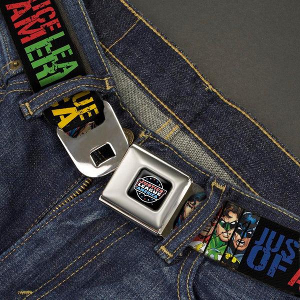 Buckle-Down JUSTICE LEAGUE OF AMERICA Badge Black/White/Red/Blue Seatbelt Belt - JUSTICE LEAGUE OF AMERICA W/Superhero Blocks Black/Multi Color Webbing