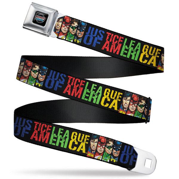 Buckle-Down JUSTICE LEAGUE OF AMERICA Badge Black/White/Red/Blue Seatbelt Belt - JUSTICE LEAGUE OF AMERICA w/Superhero Blocks Black/Multi Color Webbing