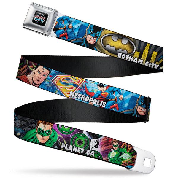 Buckle-Down JUSTICE LEAGUE OF AMERICA Badge Black/White/Red/Blue Seatbelt Belt - Superman-METROPOLIS/Batman-GOTHAM CITY/Green Lantern-PLANET MOGO Webbing