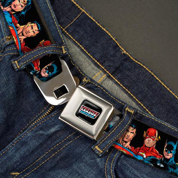 Buckle-Down Justice League Of America Black Full Color Seatbelt Belt - Justice League Elite Forces Superheroes Webbing