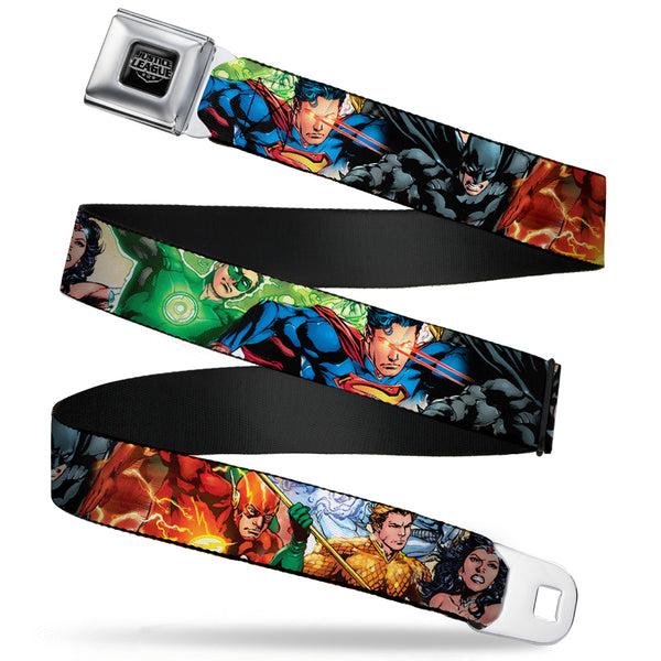 Buckle-Down Justice League of America Reverse Brushed Black Silver Seatbelt Belt - Justice League New 52 Superhero Action Poses Webbing