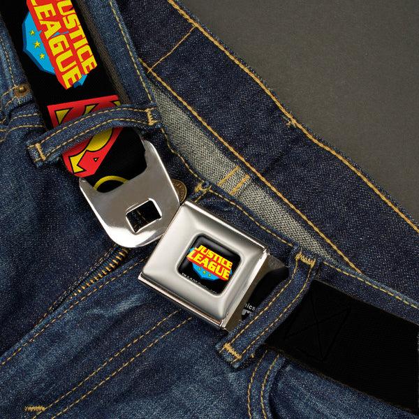 Buckle-Down Justice League Shield Full Color Black Blue Red Yellow Seatbelt Belt - Justice League Superhero Logos CLOSE-UP Black Webbing