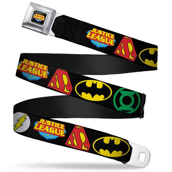 Buckle-Down Justice League Shield Full Color Black Blue Red Yellow Seatbelt Belt - Justice League Superhero Logos CLOSE-UP Black Webbing