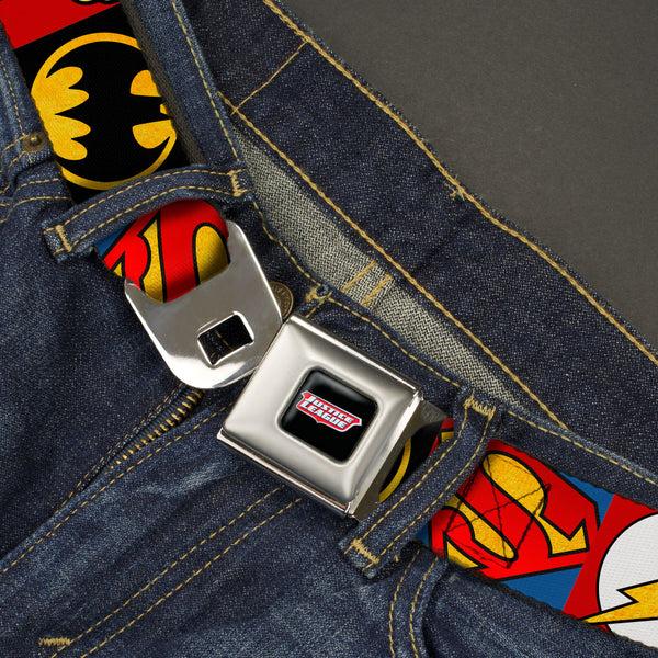 Buckle-Down JUSTICE LEAGUE Shield Full Color Black/White/Red Seatbelt Belt - Justice League 5-Superhero Textured Logo CLOSE-UP Blocks Webbing
