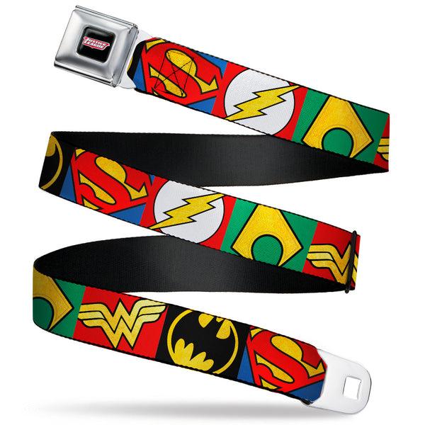 Buckle-Down JUSTICE LEAGUE Shield Full Color Black/White/Red Seatbelt Belt - Justice League 5-Superhero Textured Logo CLOSE-UP Blocks Webbing