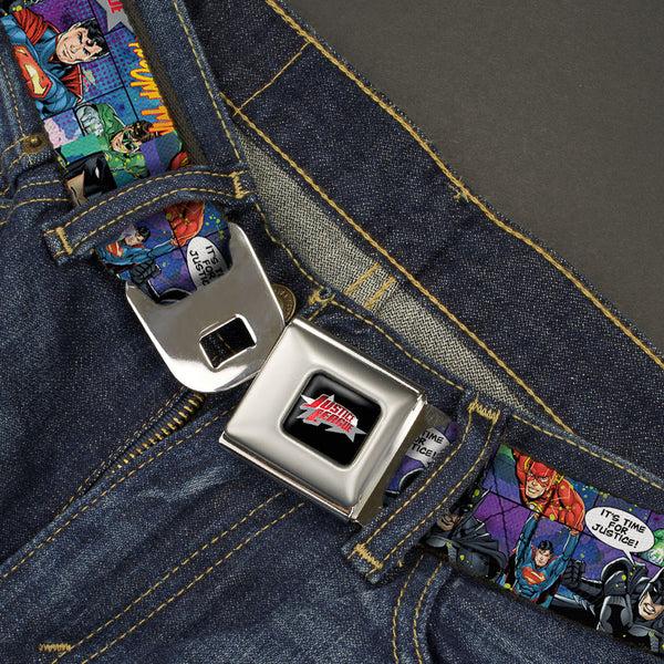 Buckle-Down JUSTICE LEAGUE Star Logo Full Color Black Silver-Fade Red Seatbelt Belt - JUSTICE LEAGUE-IT'S TIME FOR JUSTICE 4-Superhero Pose Blocks Collage Purples/Blues Webbing