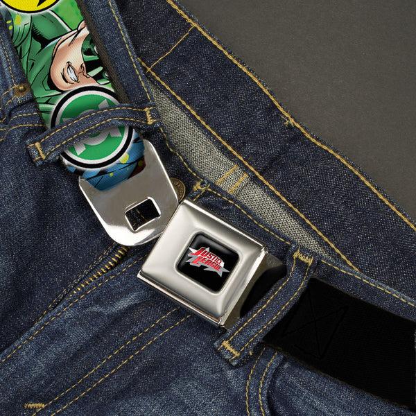 Buckle-Down JUSTICE LEAGUE Star Logo Full Color Black Silver-Fade Red Seatbelt Belt - Justice League 4-Superhero CLOSE-UP Poses/Logos Webbing