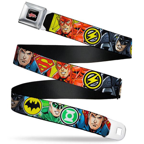 Buckle-Down JUSTICE LEAGUE Star Logo Full Color Black Silver-Fade Red Seatbelt Belt - Justice League 4-Superhero CLOSE-UP Poses/Logos Webbing