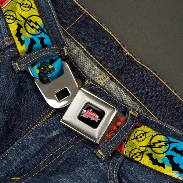 Buckle-Down JUSTICE LEAGUE Star Logo Full Color Black Silver-Fade Red Seatbelt Belt - Justice League New 52 4-Superhero Poses/Scattered Logos Multi Color/Black Webbing