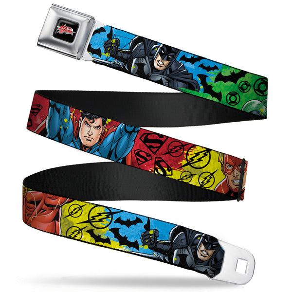 Buckle-Down JUSTICE LEAGUE Star Logo Full Color Black Silver-Fade Red Seatbelt Belt - Justice League New 52 4-Superhero Poses/Scattered Logos Multi Color/Black Webbing