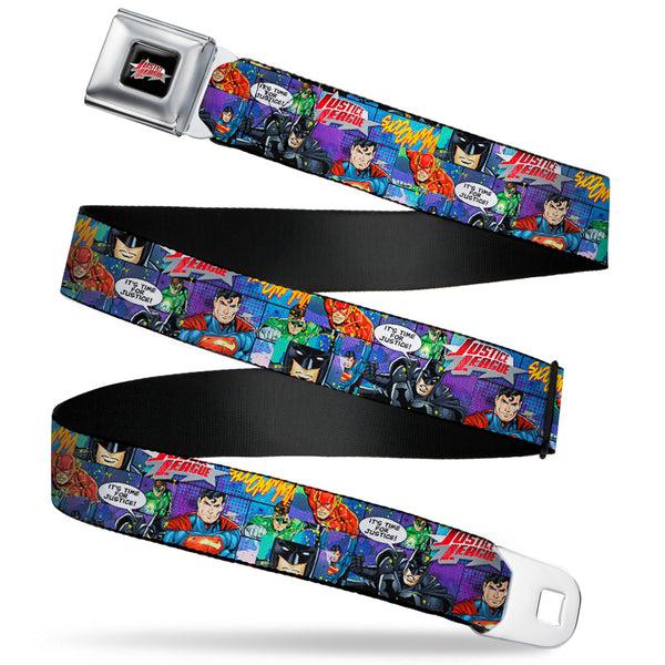 Buckle-Down JUSTICE LEAGUE Star Logo Full Color Black Silver-Fade Red Seatbelt Belt - JUSTICE LEAGUE-IT'S TIME FOR JUSTICE 4-Superhero Pose Blocks Collage Purples/Blues Webbing