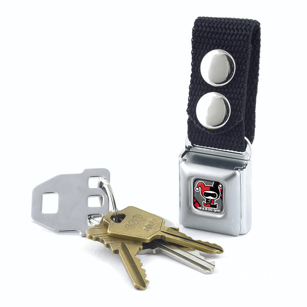 Buckle-Down Keychain - Chibi Harley Quinn Splits Dots Diamonds Full Color Black Gray Red