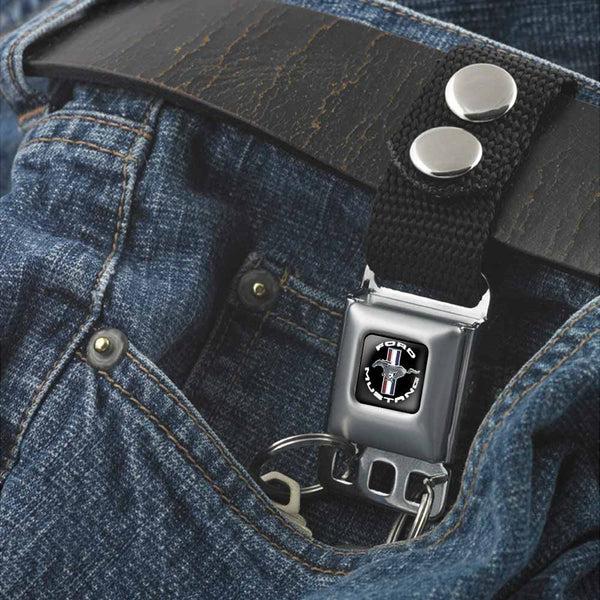 Buckle-Down Keychain - FORD MUSTANG Tri-Bar Logo Black White Silver Red Blue