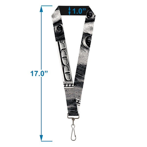 Buckle-Down Lanyard - 1.0" - 100 Dollar Bill CLOSE-UP White Black