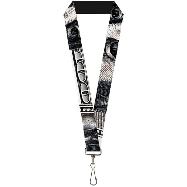 Buckle-Down Lanyard - 1.0" - 100 Dollar Bill CLOSE-UP White Black