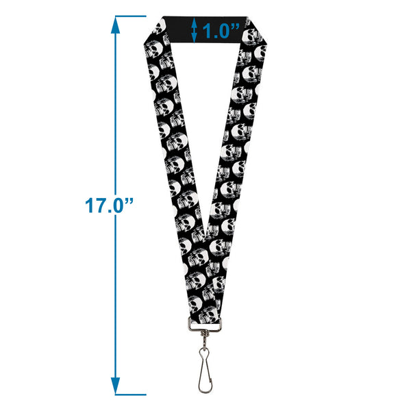 Buckle-Down Lanyard - 1.0" - 3-D Skulls Repeat Black Grays White