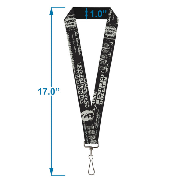 Buckle-Down Lanyard - 1.0" - Americana One Hundred Dollar Bill Elements Black Gray