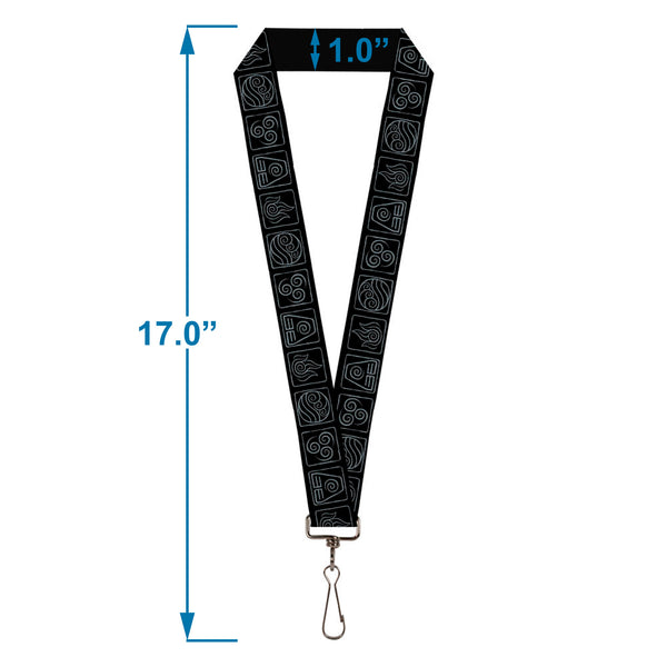 Buckle-Down Lanyard - 1.0" - Avatar The Last Airbender Bending Elements Icons Black Gray