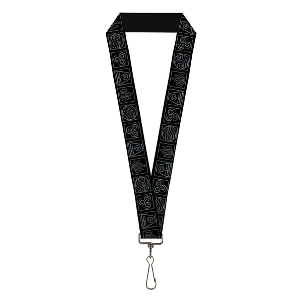 Buckle-Down Lanyard - 1.0" - Avatar the Last Airbender Bending Elements Icons Black Gray
