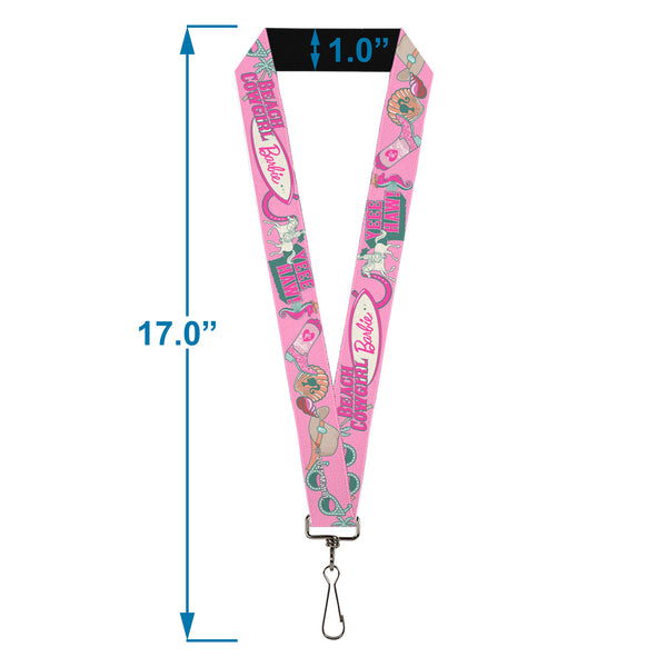 Buckle-Down Lanyard - 1.0" - BARBIE BEACH COWGIRL Icons Collage Pinks/Blues