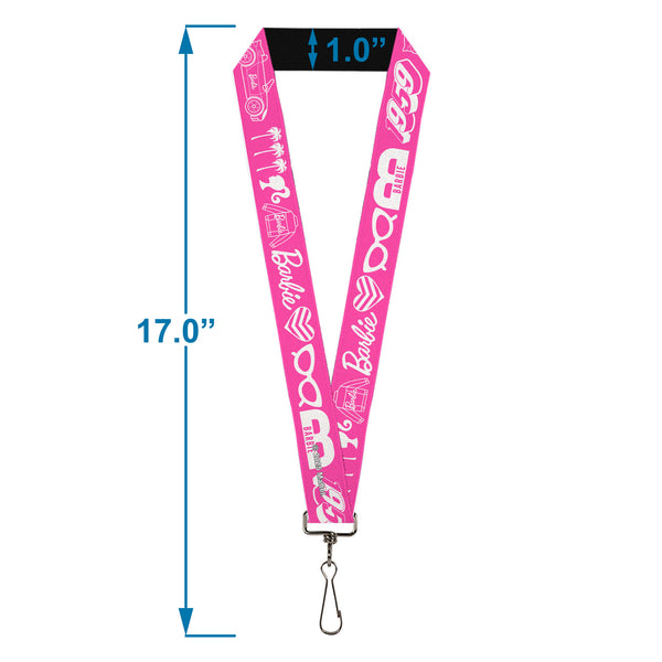 Buckle-Down Lanyard - 1.0" - BARBIE Script Signature And Icons Pink/White