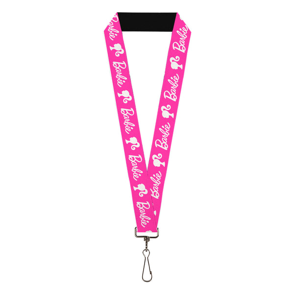 Buckle-Down Lanyard - 1.0" - BARBIE Script Signature Logo and Silhouette Hot Pink/White