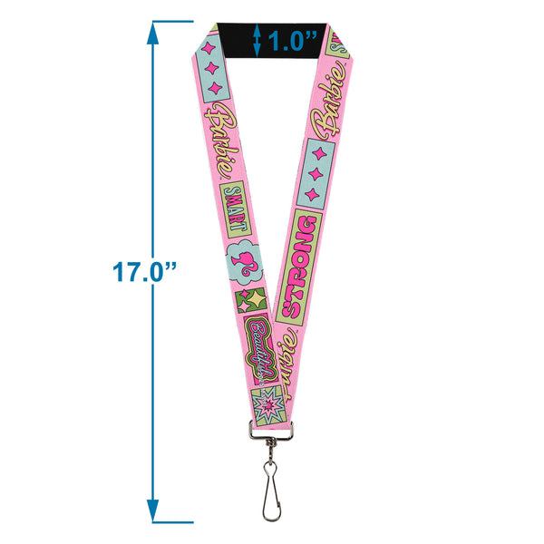 Buckle-Down Lanyard - 1.0" - BARBIE SMART BEAUTIFUL STRONG Icons Pink/Multi Color