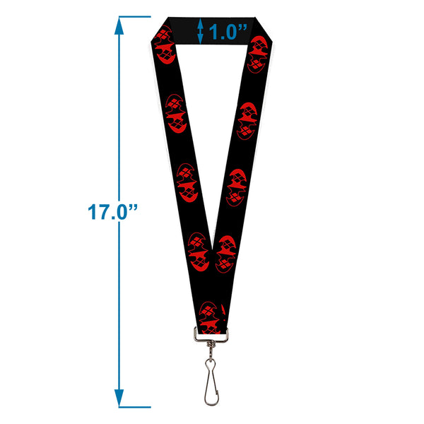 Buckle-Down Lanyard - 1.0" - Bat Logo Harley Quinn Diamonds Black Red